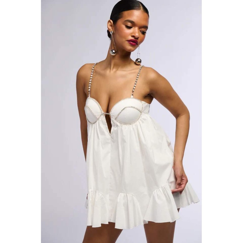 Micas White Mini Dress Rhinestone Strap Sleeveless Party Club‎ Size M